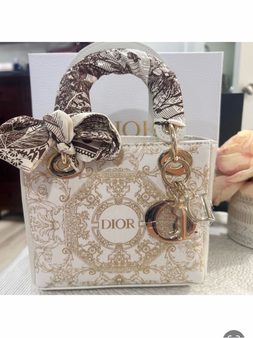 Dior Mini Lady D-Lite Embroidered Tote Bag in Cream and Gold VIP GWP